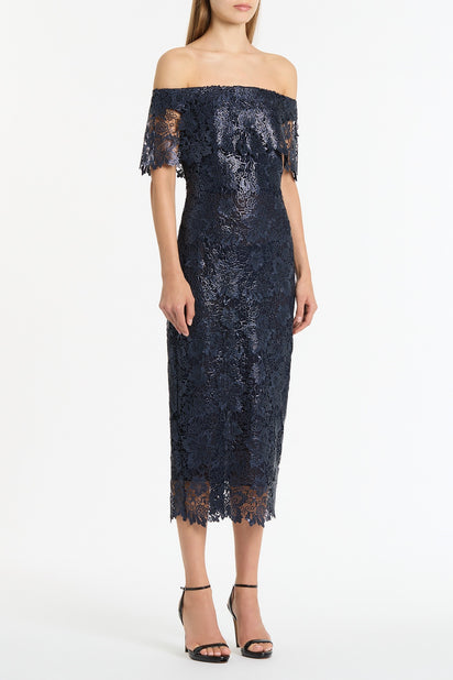 NAVY FOILED LACE OFF-SHOULDER DRESS