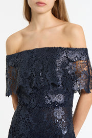 NAVY FOILED LACE OFF-SHOULDER DRESS