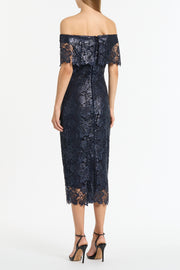 NAVY FOILED LACE OFF-SHOULDER DRESS