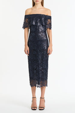 NAVY FOILED LACE OFF-SHOULDER DRESS