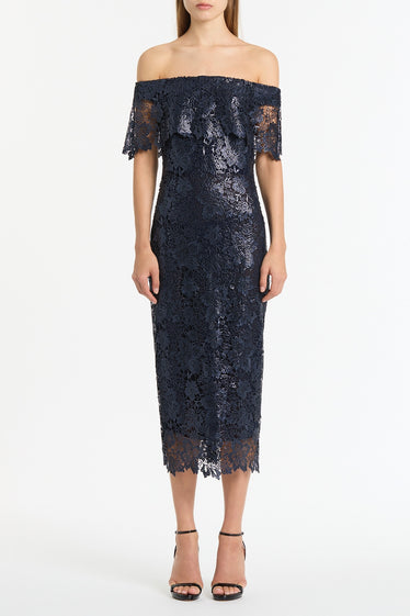 NAVY FOILED LACE OFF-SHOULDER DRESS
