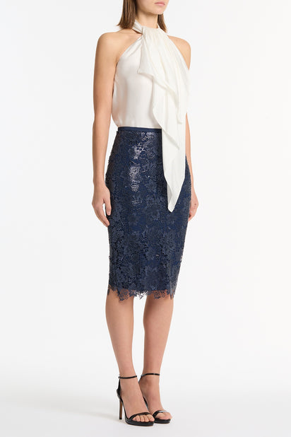 NAVY FOILED LACE PENCIL SKIRT