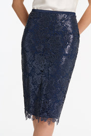 NAVY FOILED LACE PENCIL SKIRT