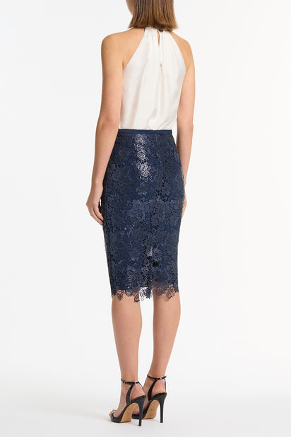 NAVY FOILED LACE PENCIL SKIRT