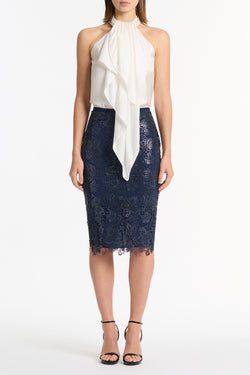 NAVY FOILED LACE PENCIL SKIRT
