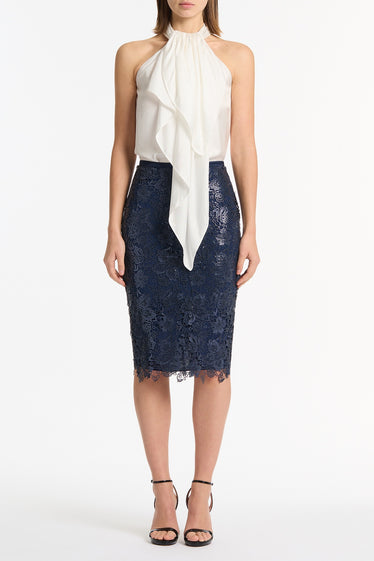NAVY FOILED LACE PENCIL SKIRT