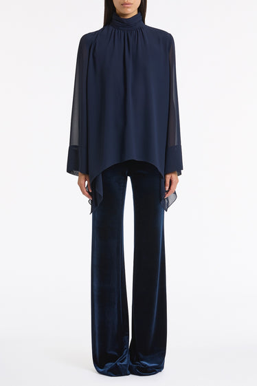 NAVY GEORGETTE PEAKED HEM TOP