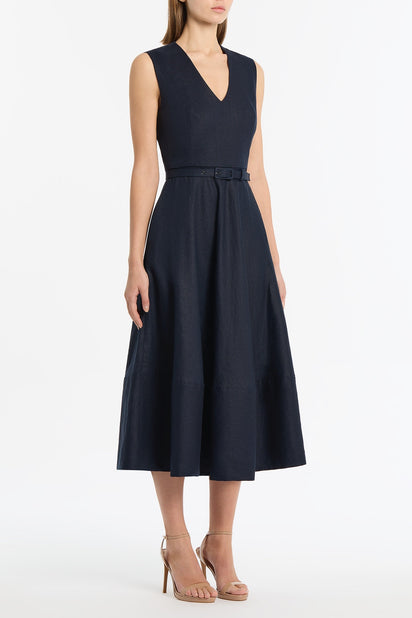 NAVY LINEN BELTED MIDI DRESS