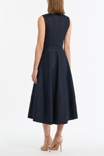 NAVY LINEN BELTED MIDI DRESS
