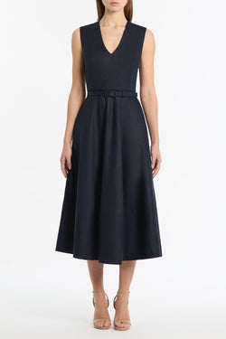 NAVY LINEN BELTED MIDI DRESS