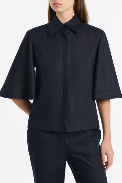 NAVY LINEN SHORT SLEEVE SHIRT