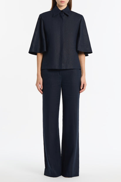 NAVY LINEN SHORT SLEEVE SHIRT