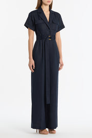 NAVY LINEN UTILITY BELTED JUMPSUIT