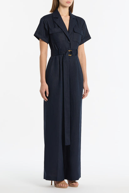 NAVY LINEN UTILITY BELTED JUMPSUIT