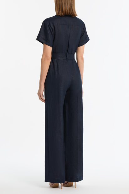 NAVY LINEN UTILITY BELTED JUMPSUIT
