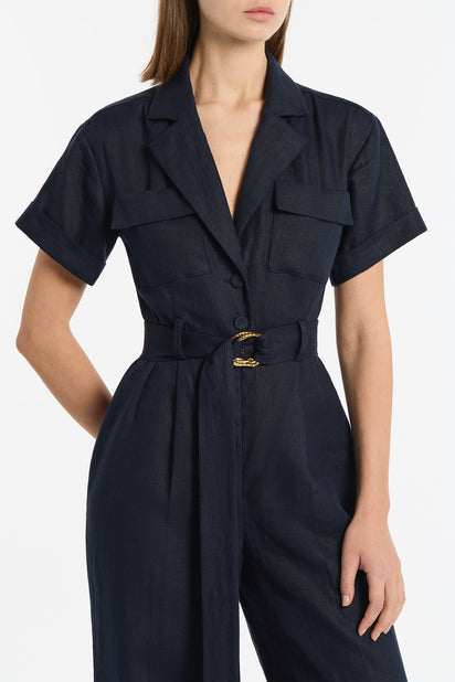 NAVY LINEN UTILITY BELTED JUMPSUIT
