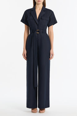 NAVY LINEN UTILITY BELTED JUMPSUIT