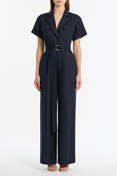 NAVY LINEN UTILITY BELTED JUMPSUIT