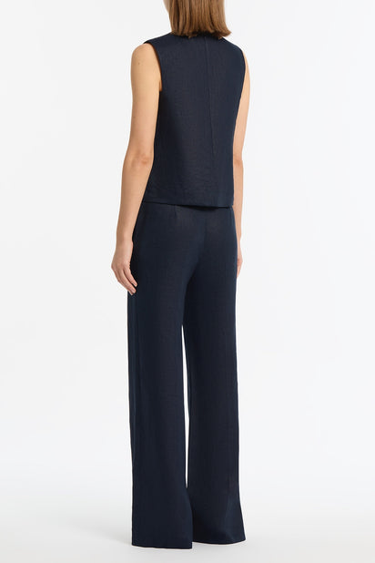 NAVY LINEN WAISTED PANT