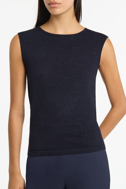 NAVY METALLIC KNIT CAP SLEEVE TOP