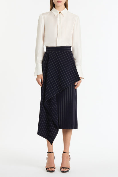 NAVY PINSTRIPE ASYMMETRIC SKIRT