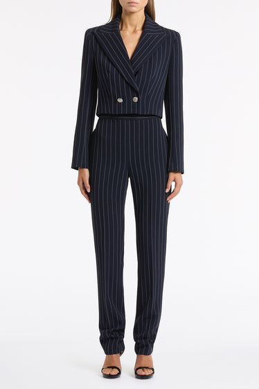 NAVY PINSTRIPE CROPPED JACKET