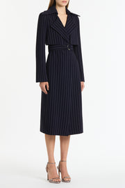 NAVY PINSTRIPE DOUBLE-BREASTED TRENCH COAT