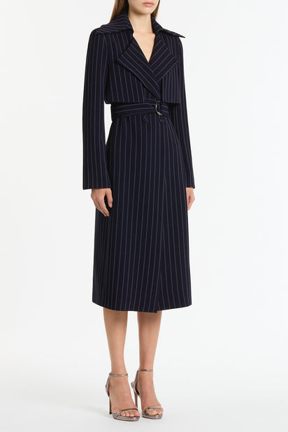 NAVY PINSTRIPE DOUBLE-BREASTED TRENCH COAT