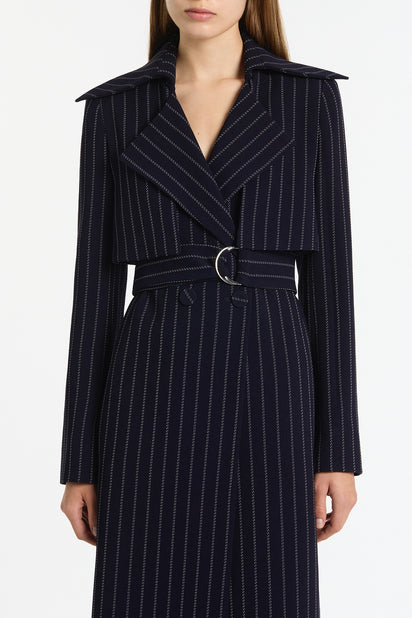NAVY PINSTRIPE DOUBLE-BREASTED TRENCH COAT