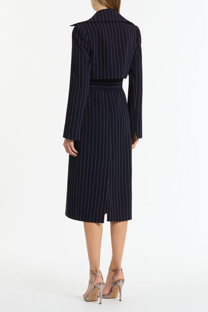 NAVY PINSTRIPE DOUBLE-BREASTED TRENCH COAT
