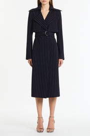 NAVY PINSTRIPE DOUBLE-BREASTED TRENCH COAT