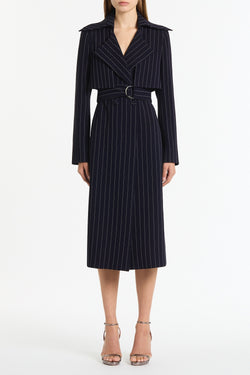 NAVY PINSTRIPE DOUBLE-BREASTED TRENCH COAT