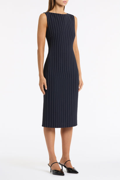 NAVY PINSTRIPE SHEATH DRESS