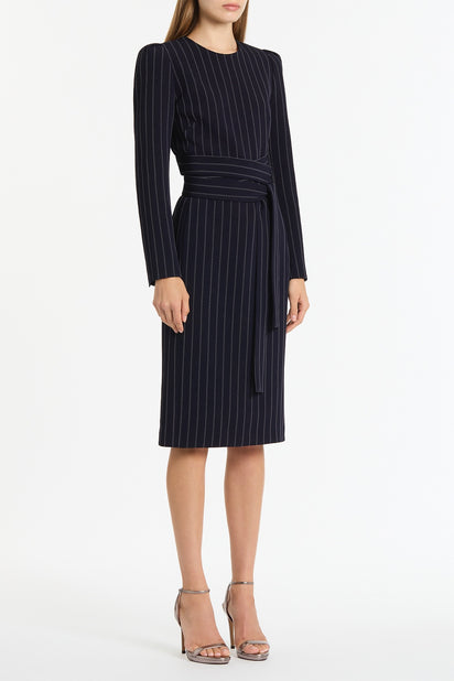 NAVY PINSTRIPE SPLIT SLEEVE MIDI DRESS