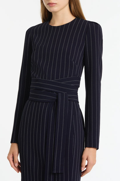NAVY PINSTRIPE SPLIT SLEEVE MIDI DRESS