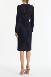 NAVY PINSTRIPE SPLIT SLEEVE MIDI DRESS