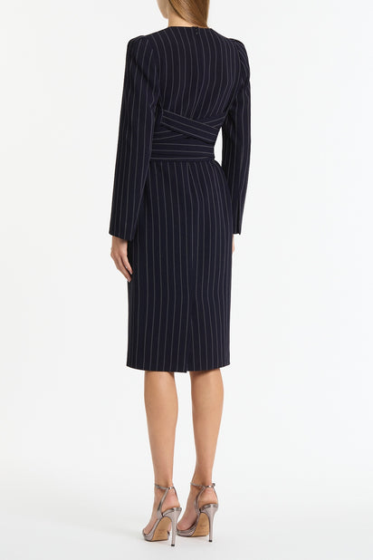 NAVY PINSTRIPE SPLIT SLEEVE MIDI DRESS
