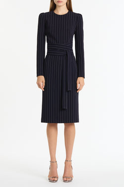 NAVY PINSTRIPE SPLIT SLEEVE MIDI DRESS