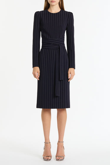 NAVY PINSTRIPE SPLIT SLEEVE MIDI DRESS