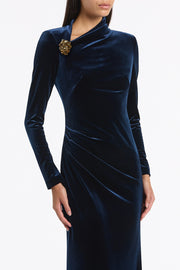 NAVY VELVET ASYMMETRIC NECK DETAIL GOWN