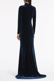 NAVY VELVET ASYMMETRIC NECK DETAIL GOWN