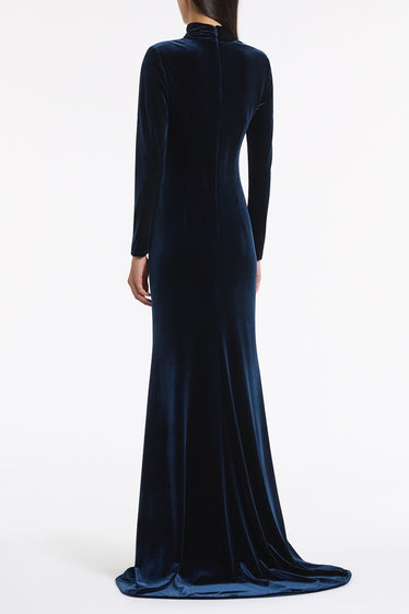 NAVY VELVET ASYMMETRIC NECK DETAIL GOWN