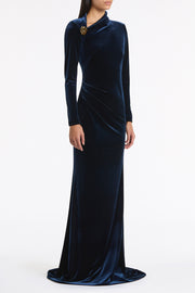 NAVY VELVET ASYMMETRIC NECK DETAIL GOWN