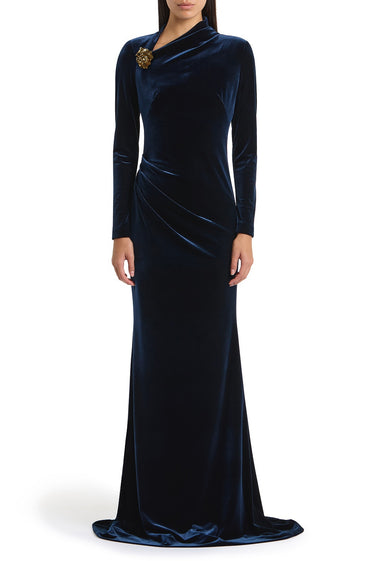 NAVY VELVET ASYMMETRIC NECK DETAIL GOWN