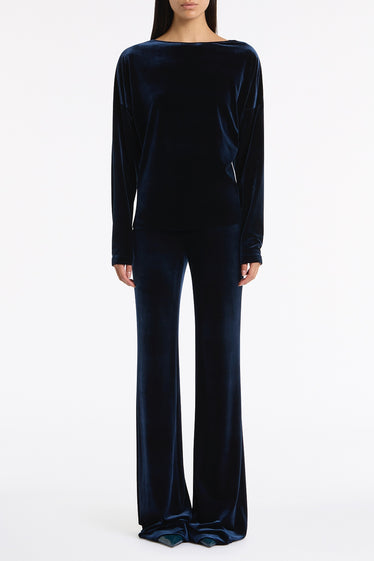 NAVY VELVET DROP SHOULDER TOP
