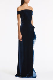 NAVY VELVET ORGANZA DETAIL GOWN