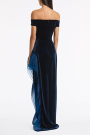 NAVY VELVET ORGANZA DETAIL GOWN