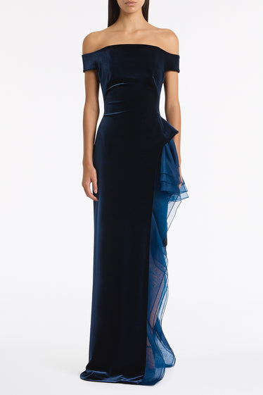 NAVY VELVET ORGANZA DETAIL GOWN