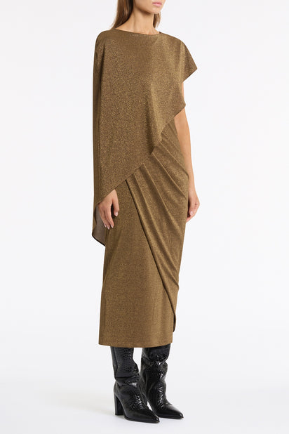 OLD GOLD LUREX KNIT CAPE TWIST DRESS