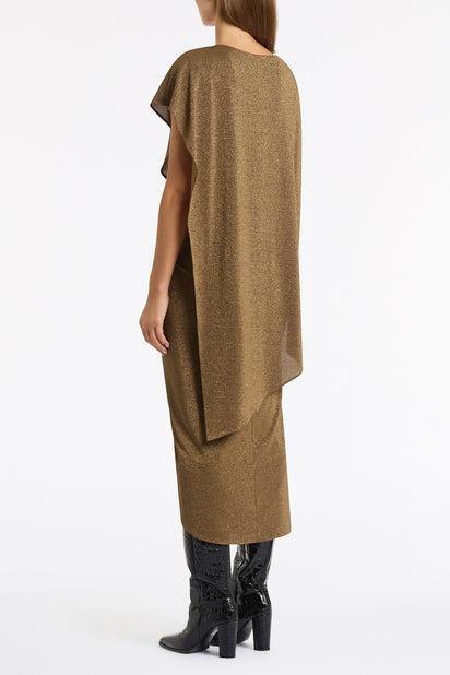 OLD GOLD LUREX KNIT CAPE TWIST DRESS
